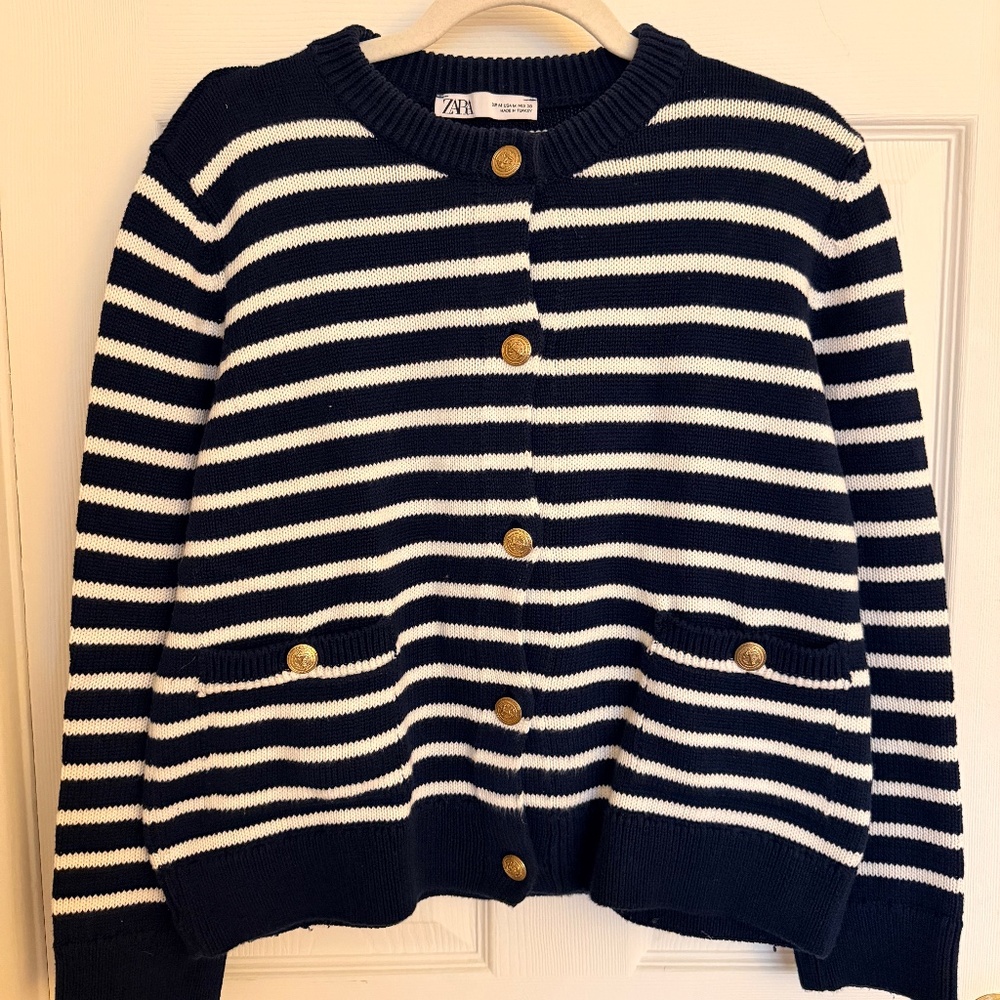 Zara Navy Blue & White Striped Knit Cardigan